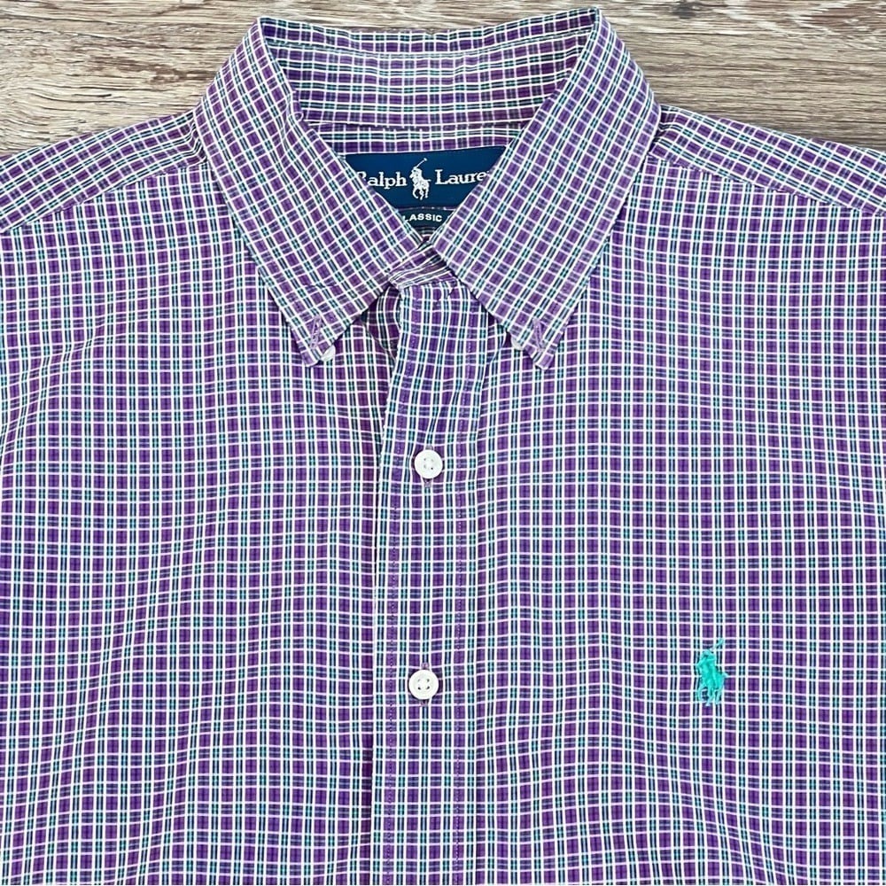 Ralph Lauren Classic Fit Mens Large Purple Green Plaid Button Down‎ Shirt Cotton